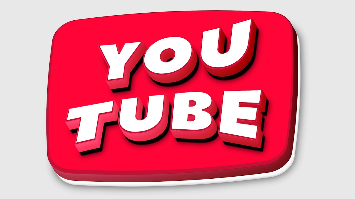 Белый 3D текст на красной плашке в стиле кнопки YouTube